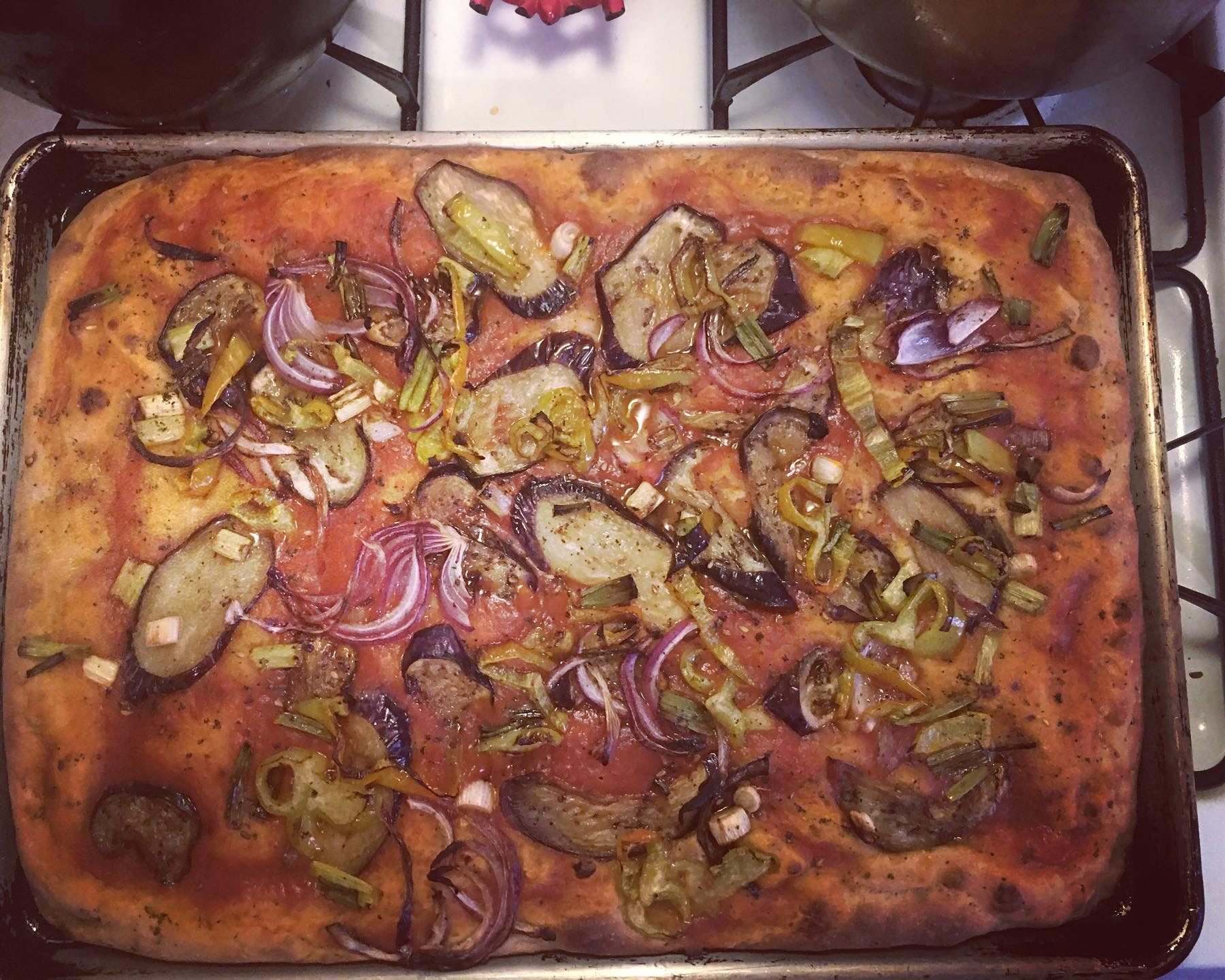 pizza with eggplant, red onion, and cubanelle pepper